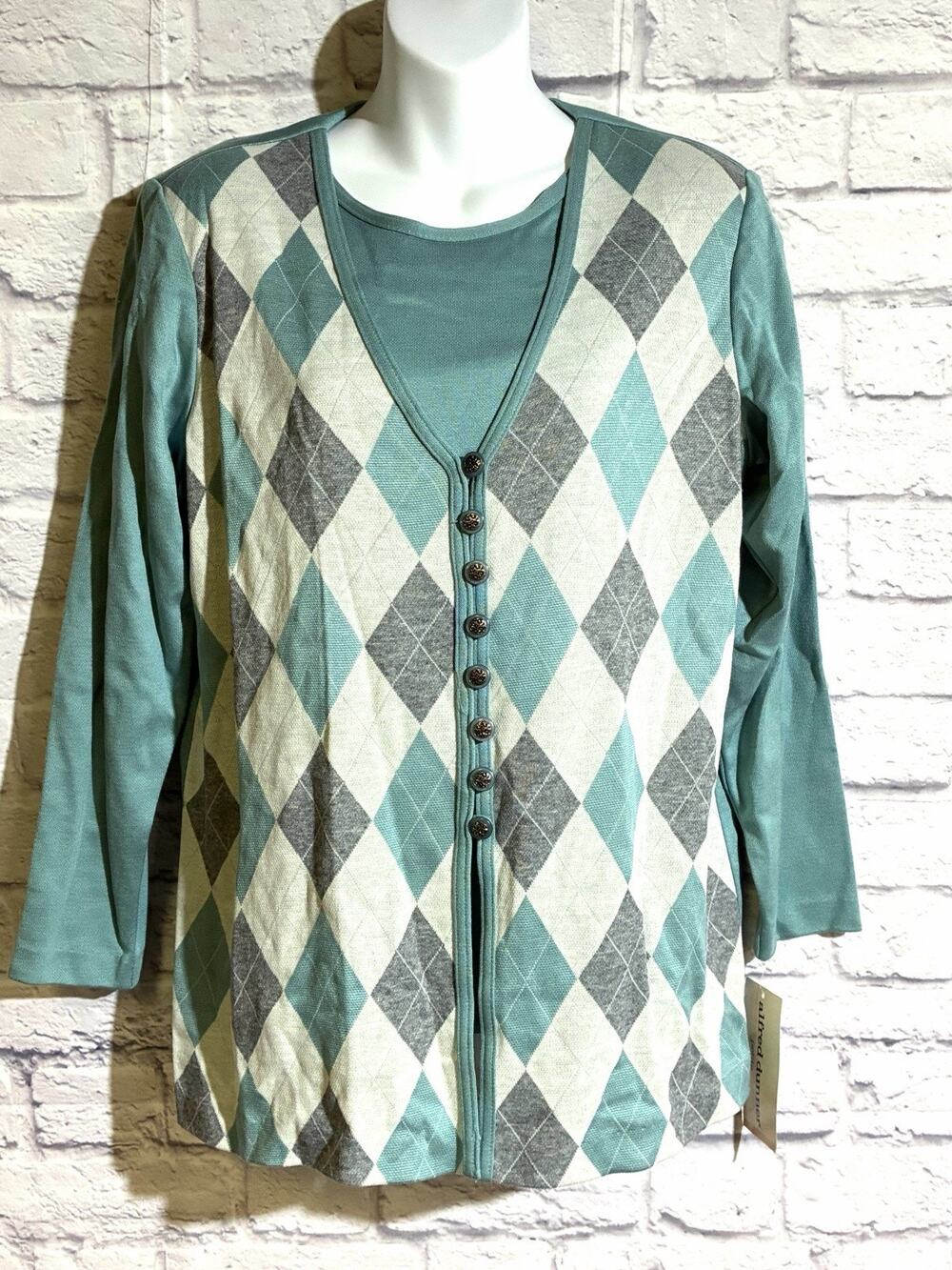 Vintage Alfred Dunner Petite M Argyle Faux Layered Cardigan Sweater Top NWT